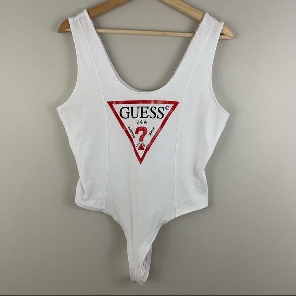 GUESS Y2K 90's Vibes White Red Classic Triangle Logo Bodysuit - Picture 3 of 12